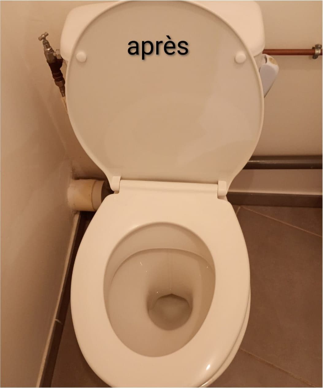 La même cuvette de WC, céramique redevenue blanche après intervention
